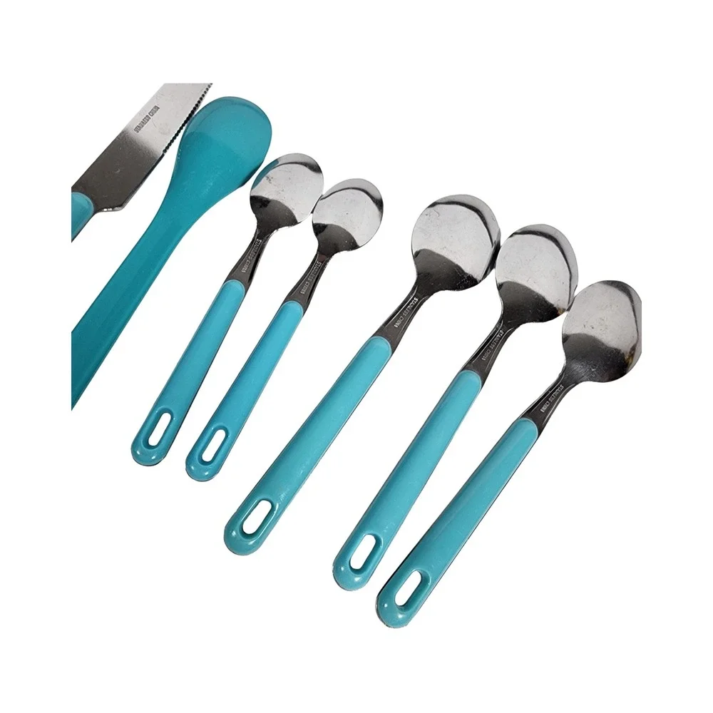 8pc Flatware Set Turquoise Blue Handles Stainless Steel Knives‎ Spoons Utensils